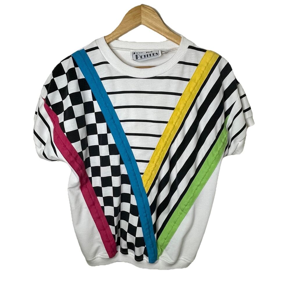 VTG 80s Short Sleeve Racing Multicolor Striped Short Sleeve Shirt Retro Sz S/M